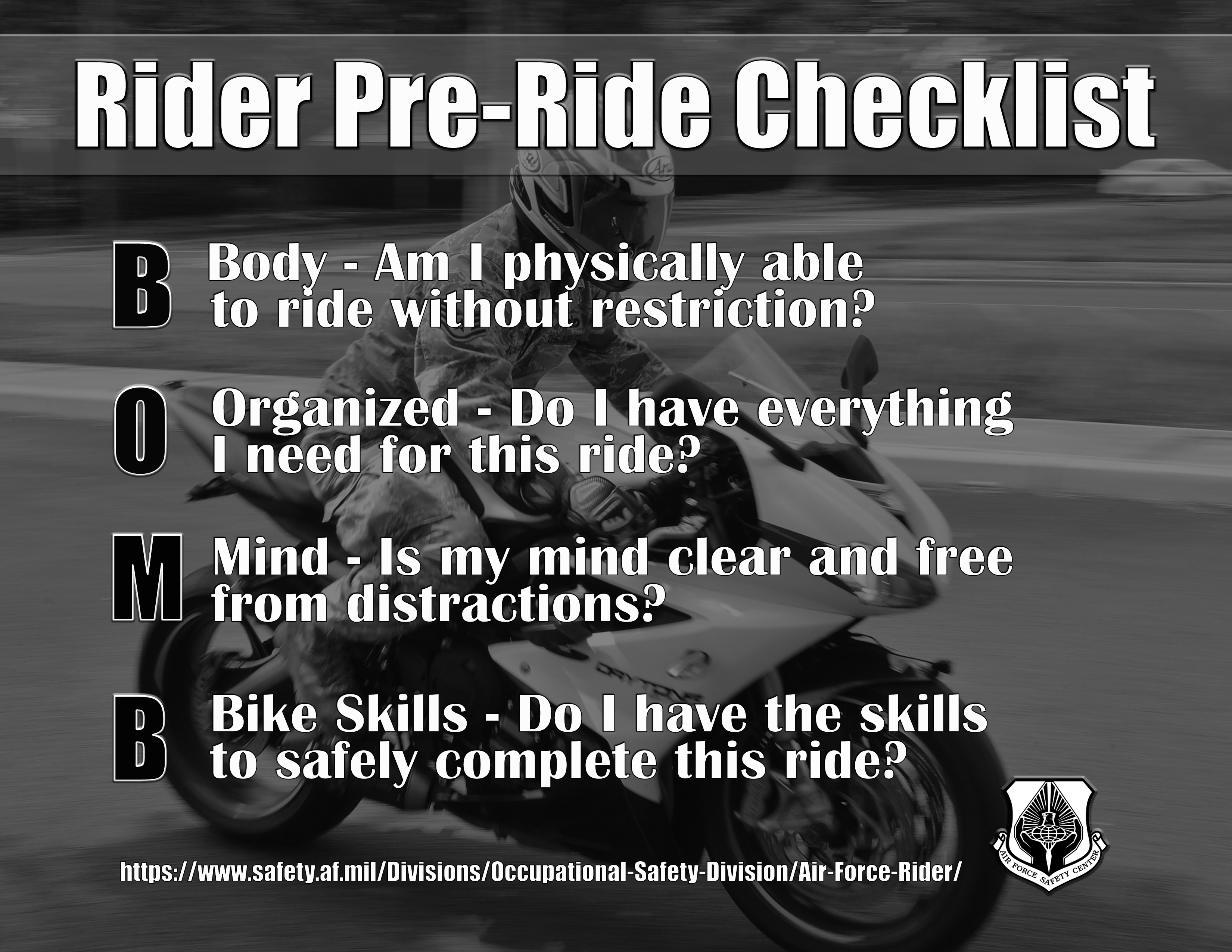 BOMBS Pre-Ride checklist - Sportsbike Motorcycle Rider with riding gear on